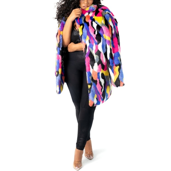 MATT SARAFA RAINBOW Faux Fur SILK Lined Coat NWOT, OG Length, Custom Made - Picture 8 of 16